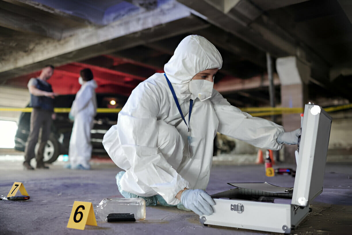 身著工作服的年輕女性犯罪學(xué)專家在檢查犯罪現(xiàn)場(chǎng)證據(jù)時(shí)打開裝有工作用品的公文包